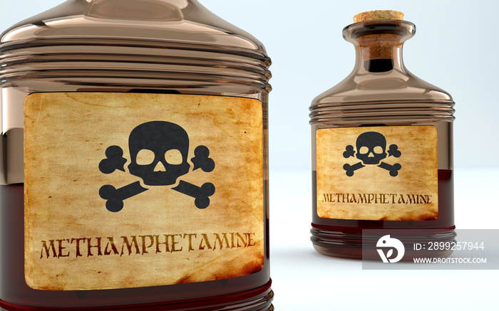 Dangers and harms of methamphetamine pictured as a poison bottle with word methamphetamine, symbolizes negative aspects and bad effects of unhealthy methamphetamine, 3d illustration