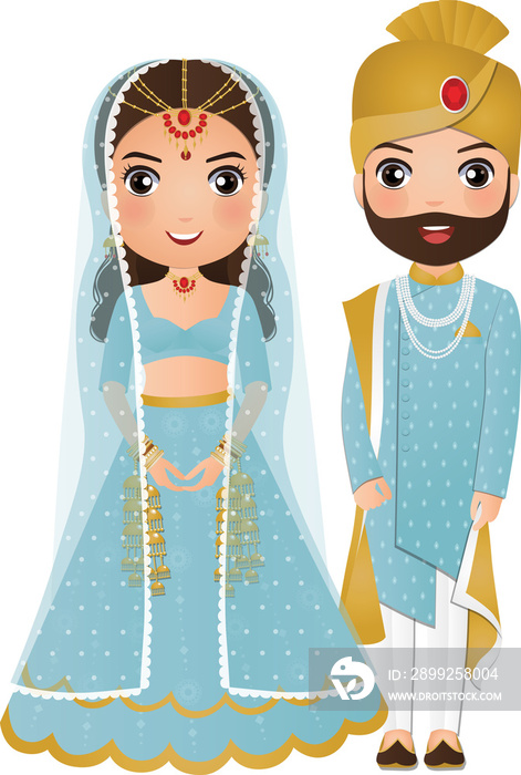 Bride and groom cute couple in traditional indian dress cartoon character