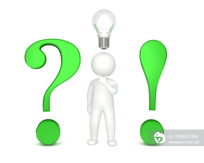 question mark exclamation point ideas light bulb green punctuation marks decision interrogation sign white thinking asking stick figure man