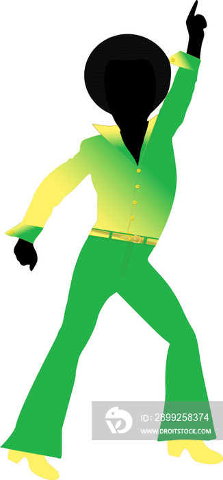 Silhouette of  a male disco dancer with an afro in bright green and yellow retro clothing