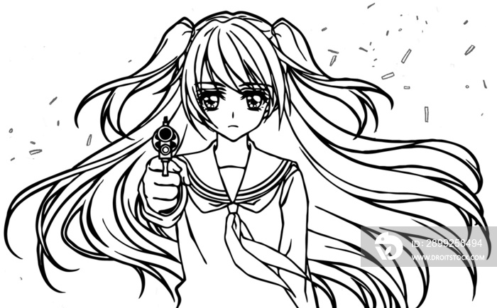 Illustration for coloring book of a high school girl with a gun