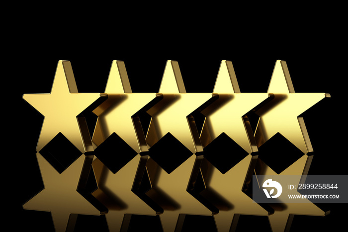 Five Golden Stars with Reflections. 3d Rendering