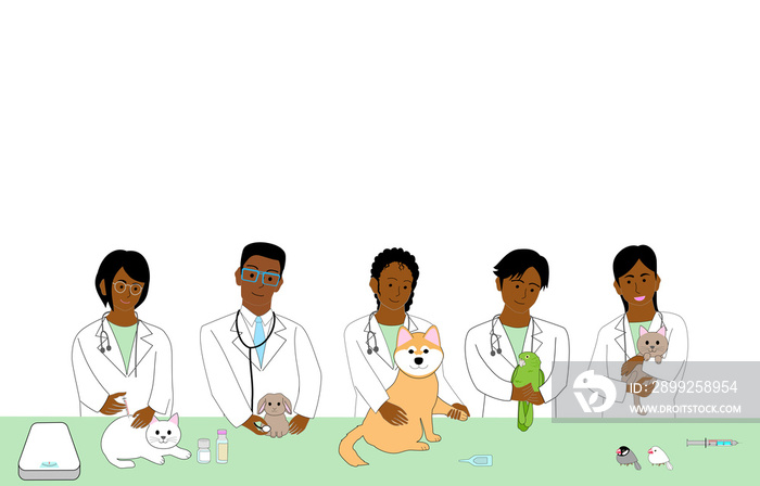 A group of black American veterinarians with animals at an animal hospital