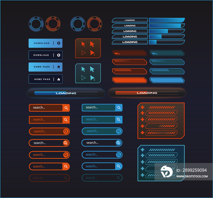 Sci fi futuristic UI elements set, icons, buttons, loading progress bar, mouse arrows