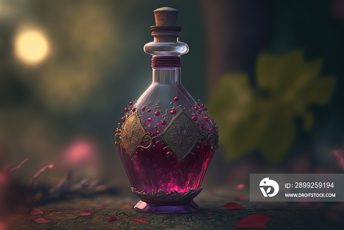 beautiful special elixir drub potion in glass bottle, idea for videogame item in real life, fantasy light glow bokeh background, stamina potion