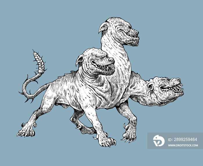 Multi headed dog Cerberus drawing. Hound of Hades. Greek mythology illustration.