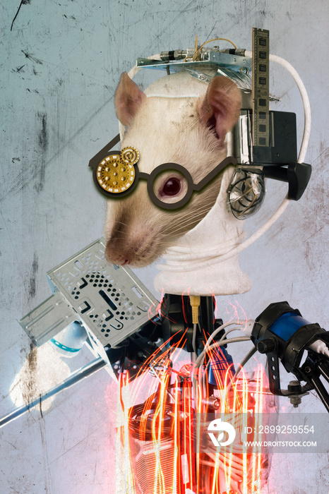Collage Cyborg Lab Rat 3D Illustration
