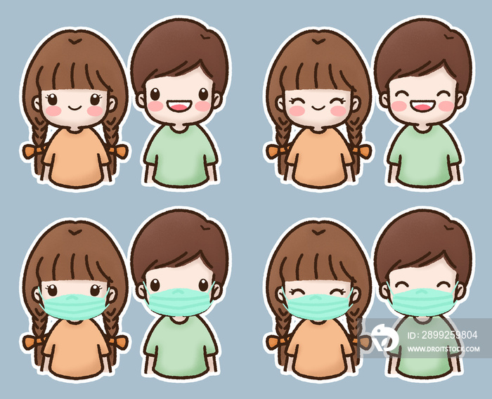 Boy and girl cute cartoon wearing protective mask  for prevent virus  Covid-19.