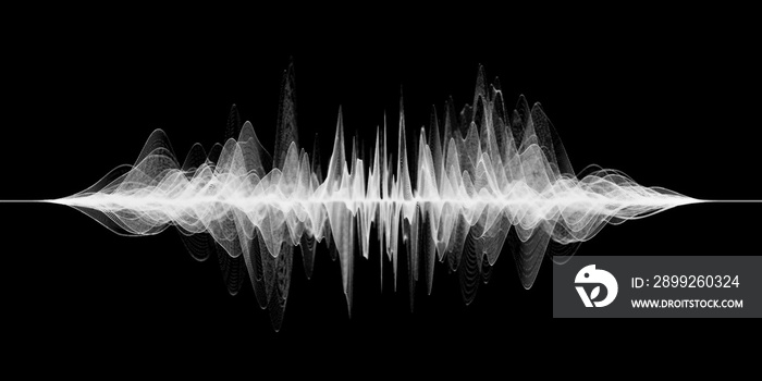 Illustration of abstract wireframe sound waves, visualization of frequency signals audio wavelengths, conceptual futuristic technology waveform background with copy space for text