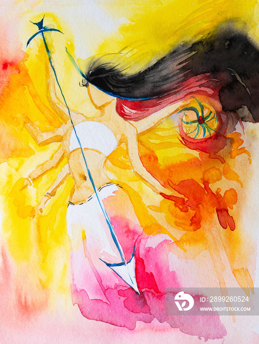 Hand painted watercolor with brush and paint, Abstract Goddess Durga arriving on earth with firey background.