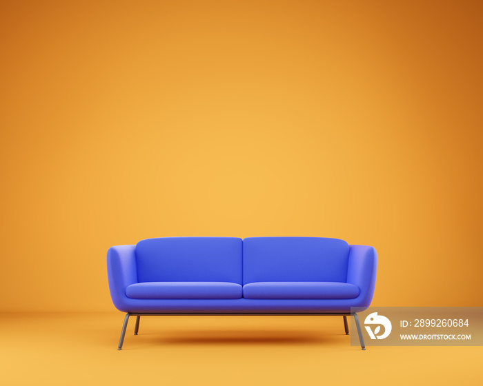 Cozy luxury blue sofa over yellow studio background.