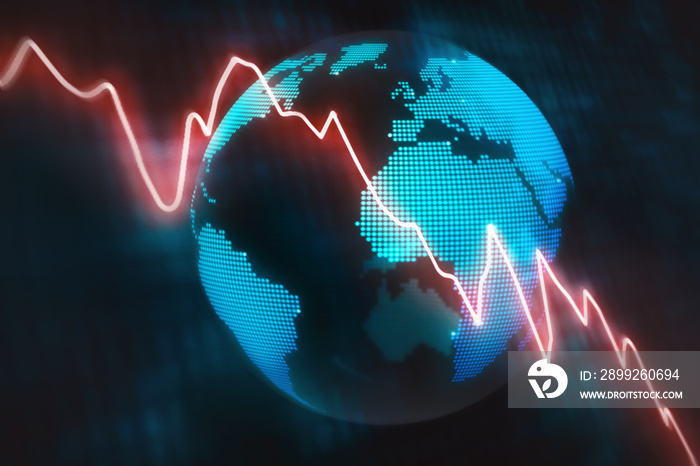 Illustrated concept wth a glowing red line graph decreasing at a fast rate with an abstract globe background