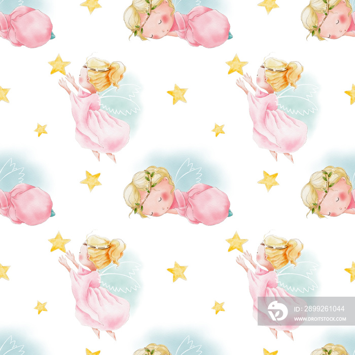 Watercolor angels girls children seamless pattern. Kids pattern with stars and flying angels.