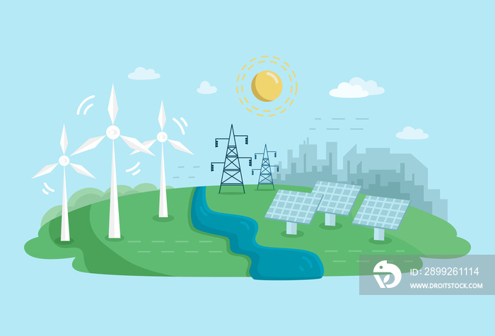 Alternative Clean Energy Concept with Wind Turbines and Solar Panels. Renewable Power Sources with Windmills.Fflat illustration