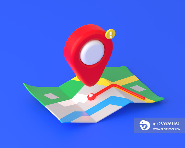 3d render red location pin over map with route line on blue background. Gps direction symbol, navigation icon, travel locator pointer or marker sign for place position point element destination mark