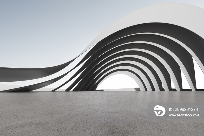 3d render of futuristic concrete architecture with car park, empty cement floor.