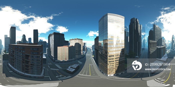 Panorama of the city. HDRI, environment map , Round panorama, spherical panorama, equidistant projection, panorama 360, cityscape, 3d rendering