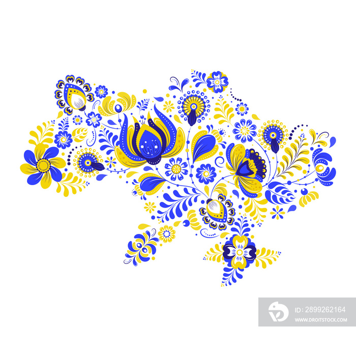 Map of Ukraine with floral elements in the national colors of the Ukrainian flag. Flat botanical illustration. Stay with Ukraine