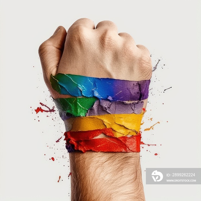 Close up of human fist with colorful paint splashes, diversity, pride day, freedom, lgbt