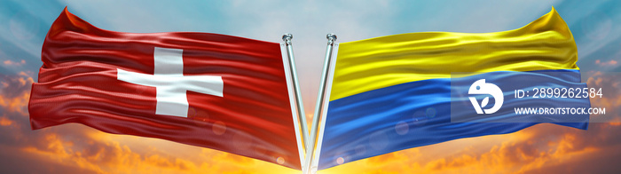 Ukraine Flag and Switzerland flag waving with texture sky Cloud and sunset Double flag