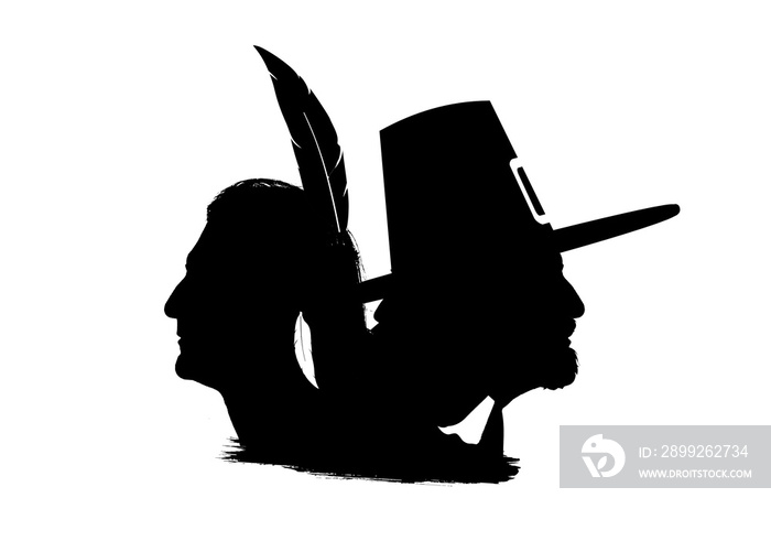 Profile silhouettes of a Wampanoag character and a pilgrim. Framed in stars and the flag of the United States.