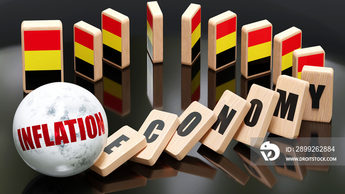 Belgium and inflation, economy and domino effect - chain reaction in Belgium set off by inflation causing a crash - economy blocks and Belgium flag, 3d illustration