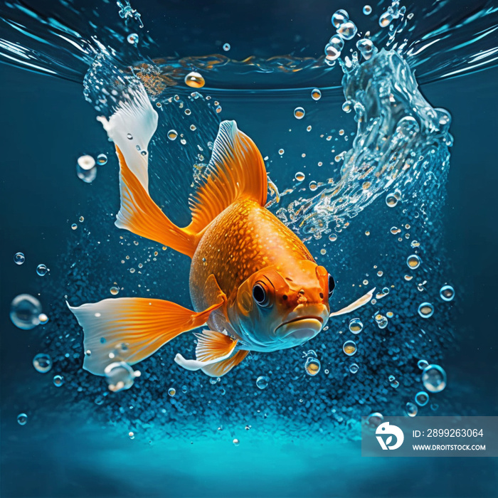 flying goldfish jumping out of the river water illustration 3d rendering