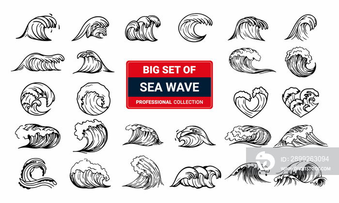 Big storm wave sketch set big set of ocean waves isolated on white background illustration 03.