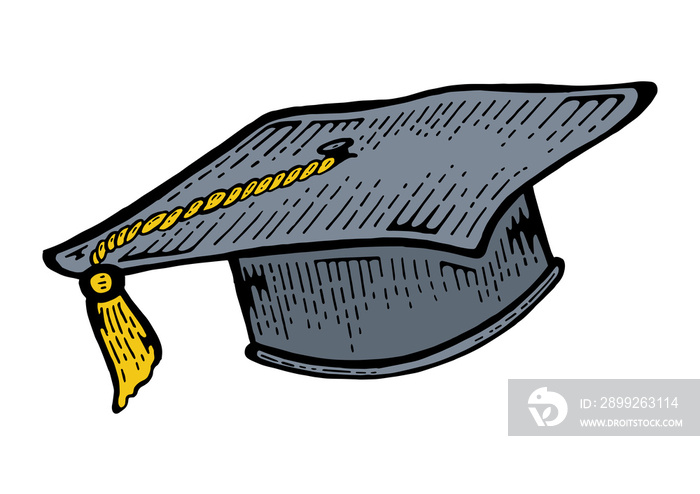 Square academic cap color sketch engraving PNG illustration with transparent background