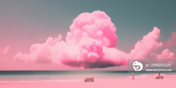 Abstract colourful pink cloud on the pink beach. Romantic retro concept