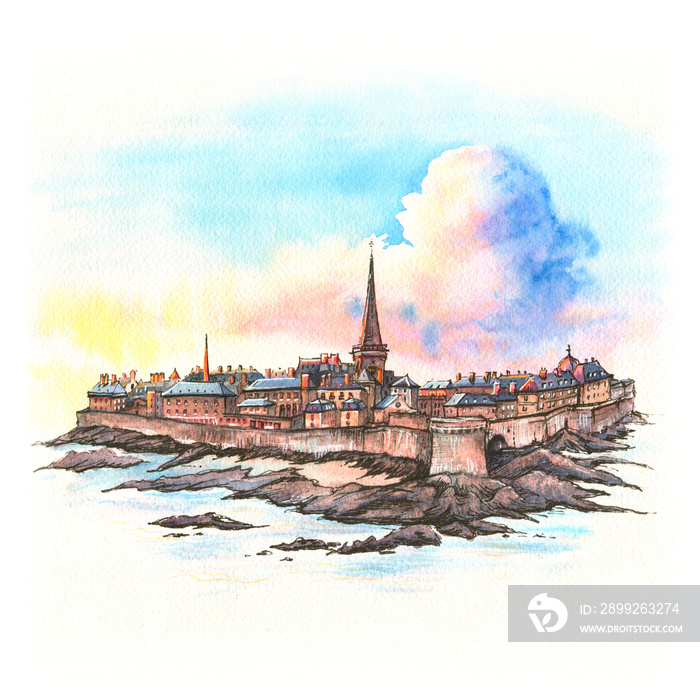 Watercolor sketch of beautiful walled city Intra-Muros in Saint-Malo, also known as city corsaire, Brittany, France