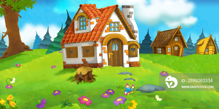 cartoon scene with beautiful rural brick house in the forest on the meadow - illustration for children