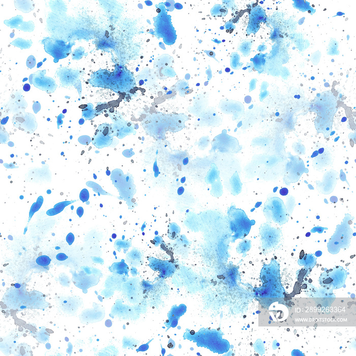 Abstract paint splatter seamless pattern. Hand drawn watercolor background with blotches and splashes in turquoise hues.