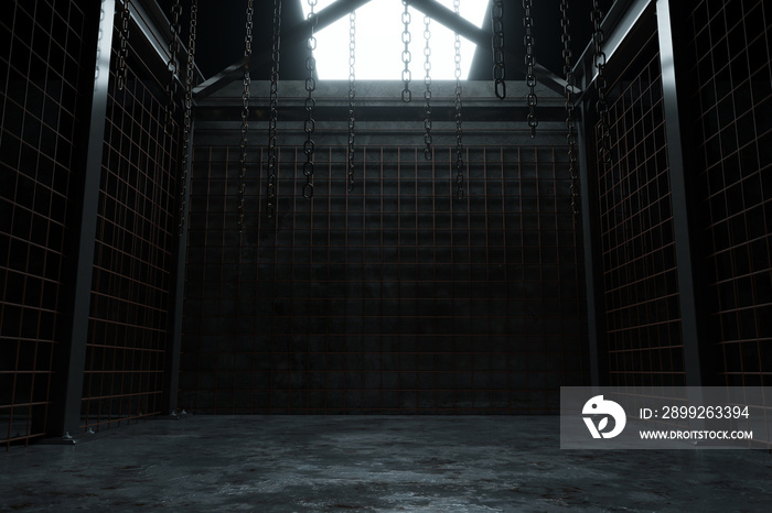 3d rendering of abstract industrial hall with rusty mesh and hanging chains