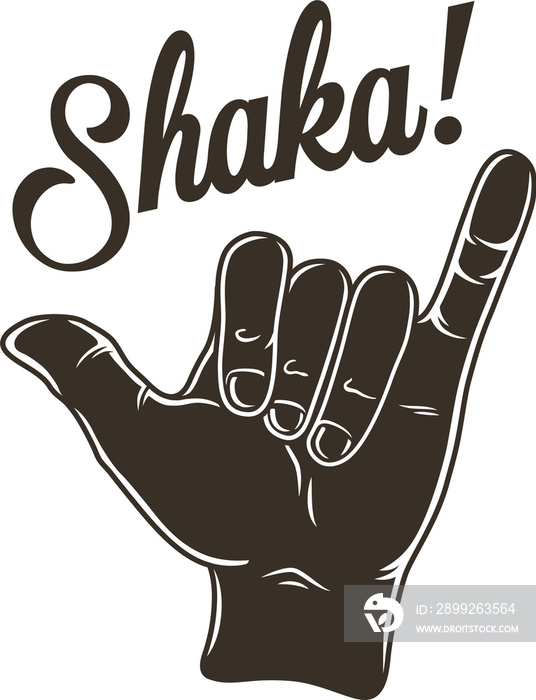 Colored surfing print of hand that shows surfer gesture shaka. Vector illustration hawaii summer t-shirt design