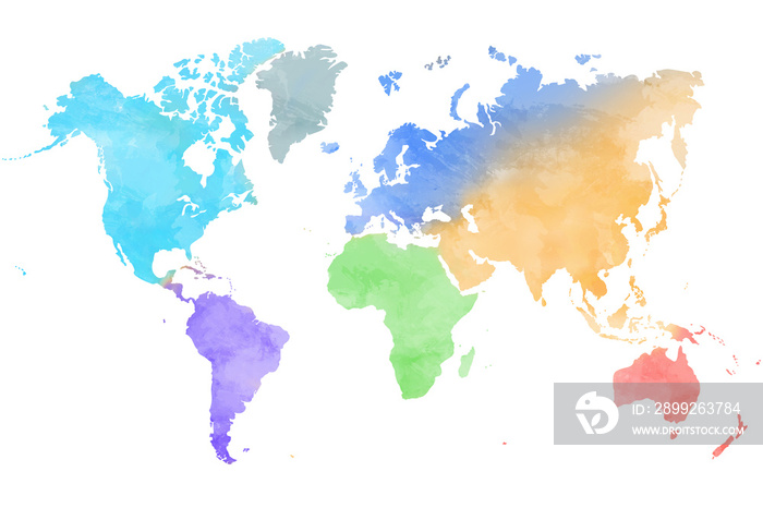 Colorful water color world map painting on white background.