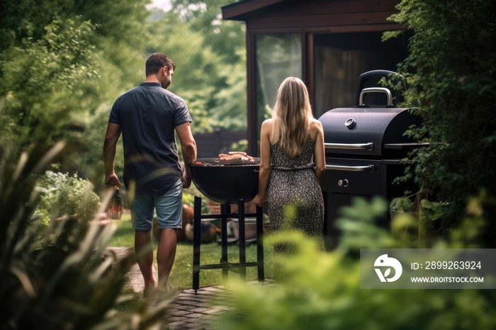 Couple barbecues in the garden, grilling, cooking