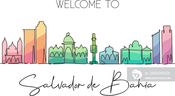 One continuous line drawing of Salvador de Bahia city skyline, Brazil. Beautiful landmark wall decor poster print. World landscape tourism travel. Stylish single line draw design vector illustration