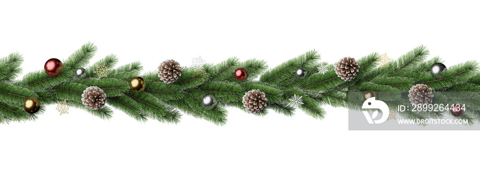 Christmas or Happy New Year. ornament pine branch isolated on white background. 3d bauble balls, glitter gold. Christmas poster, greeting cards. Flat lay, top view. Christmas 3d render