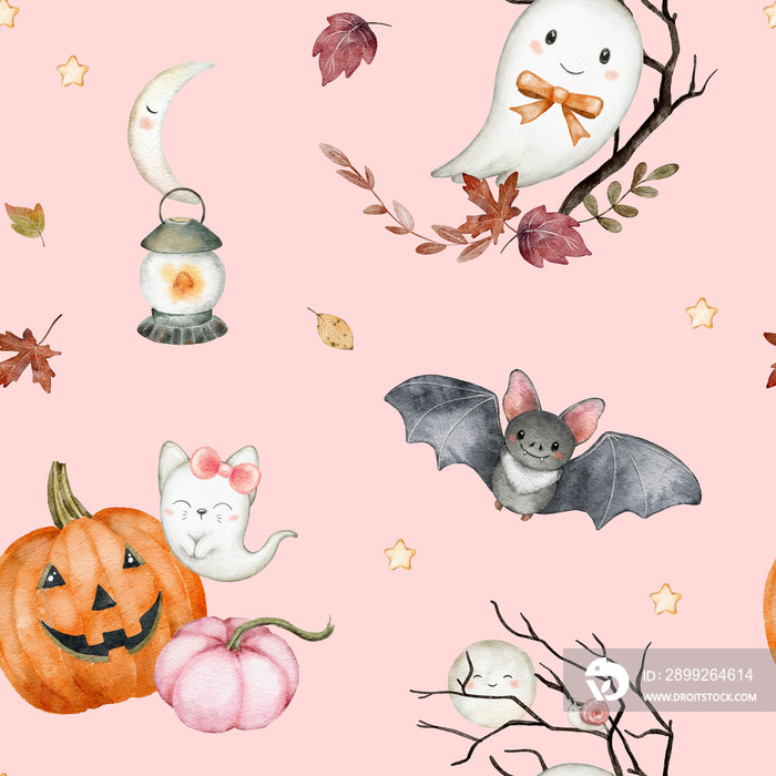 Halloween seamless pattern on pink background.  Watercolor hand drawn illustrations for kids. Cute cartoon character, ghost, pumpkin, bat, cat, lantern