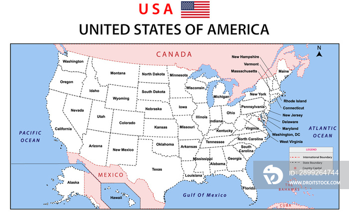 USA Map. Political map of the United States of America. US Map with neighboring countries names and borders.