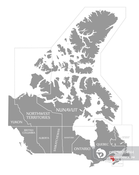 New Brunswick red highlighted in map of Canada