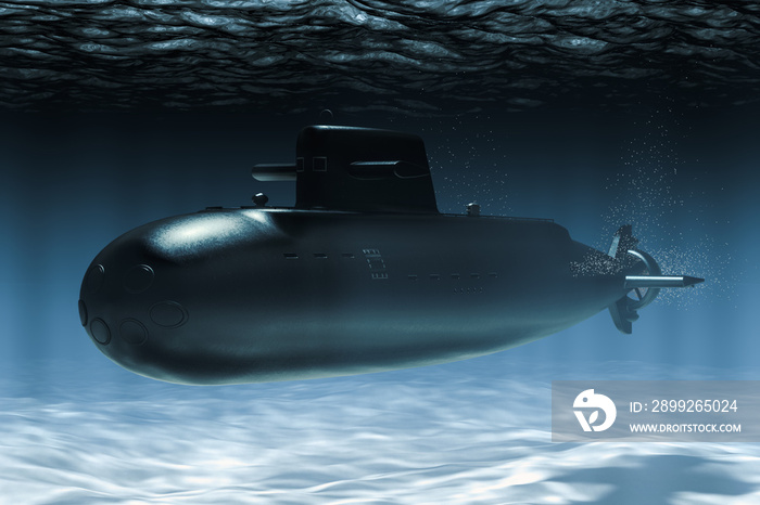 Submarine underwater, 3D rendering