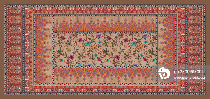 A whole frame illustration of a carpet design with elegant floral patterns on the fabric