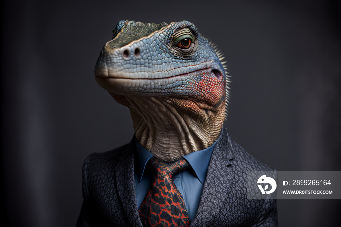 Varanus salvator man in business suit, AI generate