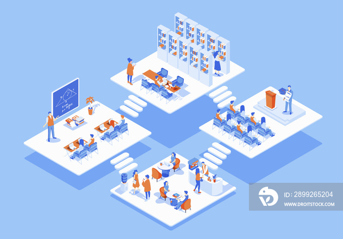 University concept 3d isometric web scene with infographic. Students learning at auditorium and conference room, people sit in cafeteria and library. Illustration in isometry graphic design