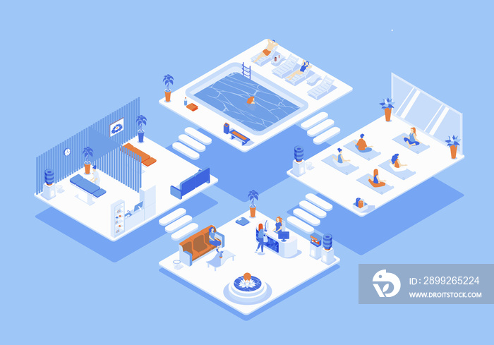 Wellness center concept 3d isometric web scene with infographic. People waiting at reception, doing yoga in class, swimming in pool, clients get massage. Illustration in isometry graphic design