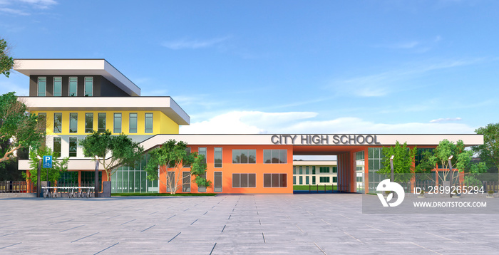 High school entrance facade exterior. 3d illustration