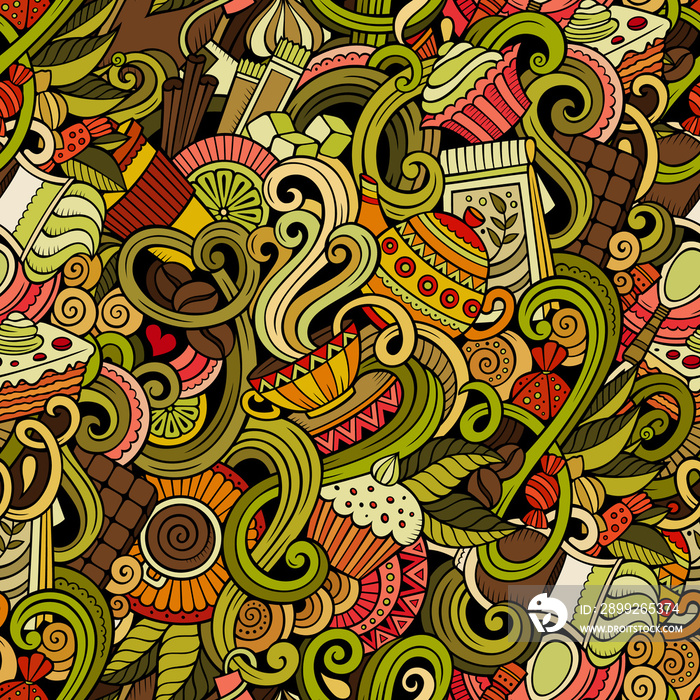 Cartoon hand-drawn doodles of cafe, coffee shop seamless pattern