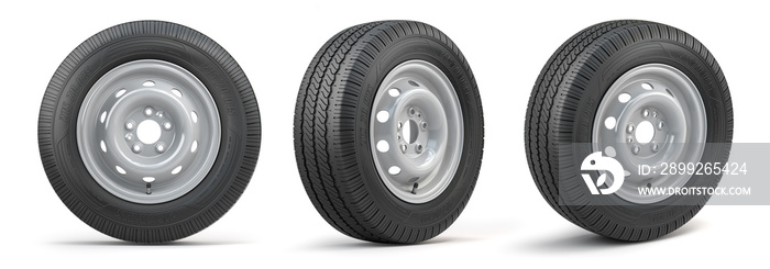 Set of car wheels with tyres for vans and trucks isolated on white background.